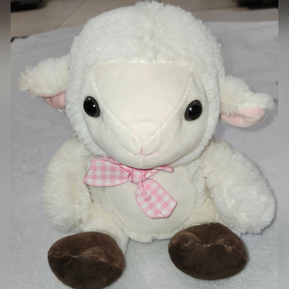 9" (When Sitting) White Lamb Plush w Pink & White Gingham Bow in Perfect Cond